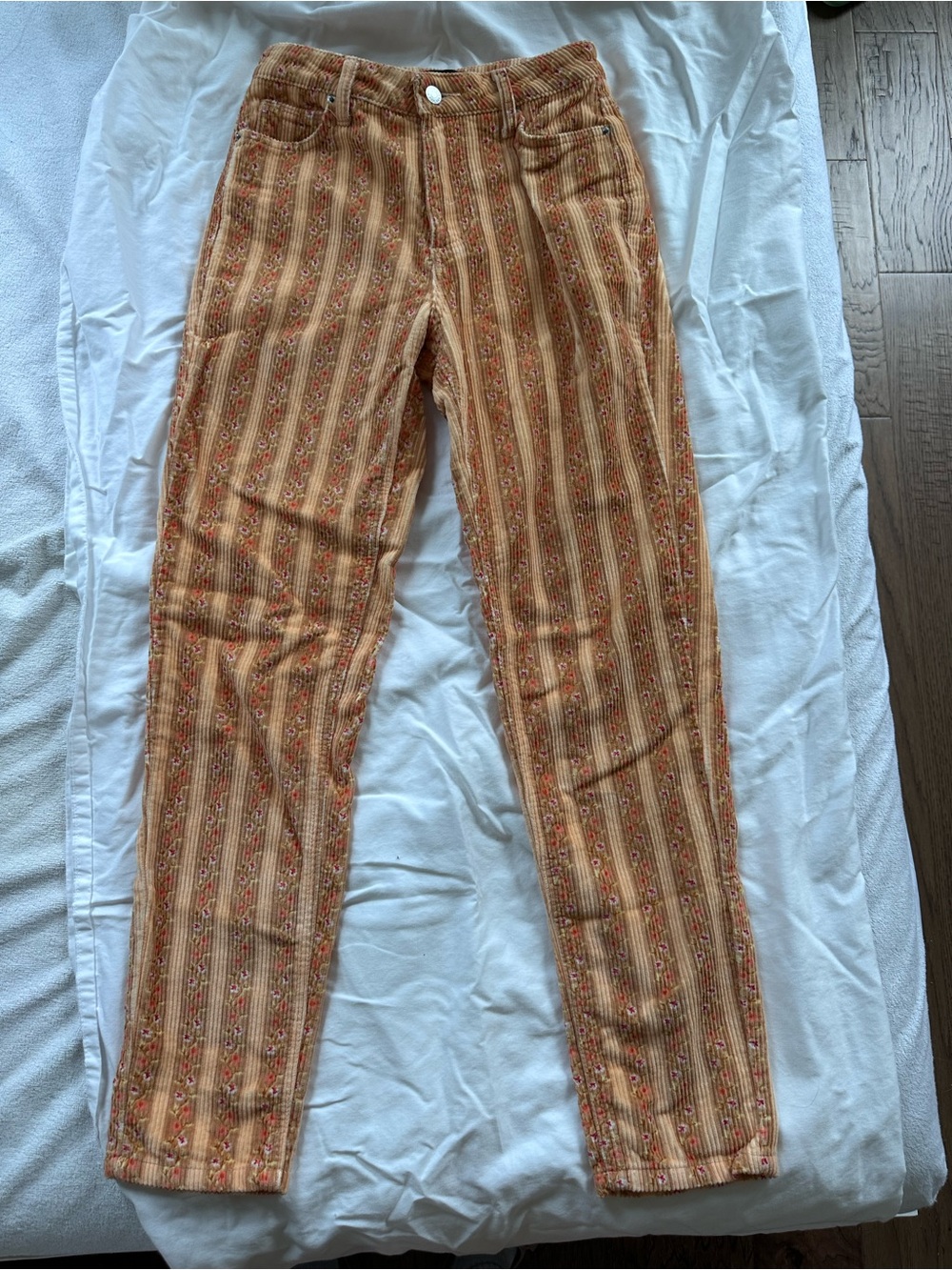 Urban Outfitters Striped Floral Corduroy Pants in Tan and Orange